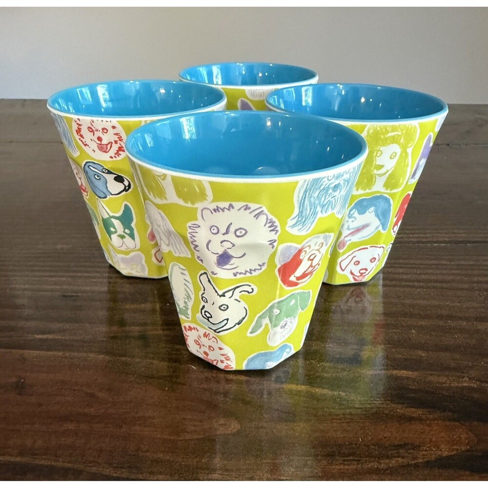 Anthropologie 4 Piece Tumbler Cup Set Melamine Pattern Dogs Puppies